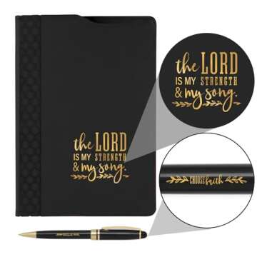 Black And Gold Religious Folio And Pen Set/The Lord Is My Strength Black And Gold Faux Leather Padfo...