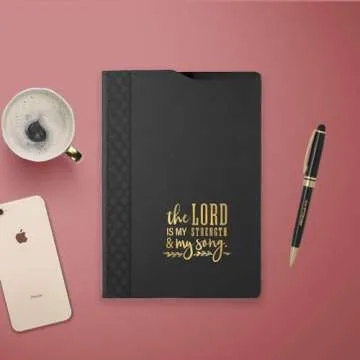 Black And Gold Religious Folio And Pen Set/The Lord Is My Strength Black And Gold Faux Leather Padfolio Notebook With Pen/Modern Christian Journal Present Set
