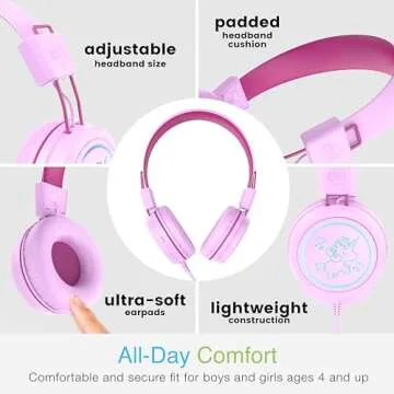 MEE audio KidJamz KJ55 Safe Listening USB-C Headphones for Children with Multicolor LED Lights, Volume Limiter, & Microphone; On-Ear Wired Kids Headset for iPhone 16, iPad, & USB Type C Devices (Pink)