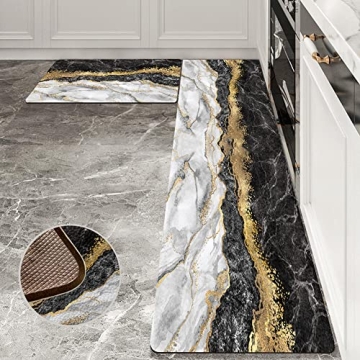 Elegant Black and Gold Marble Anti-Fatigue Kitchen Mats Set for Stylish Comfort
