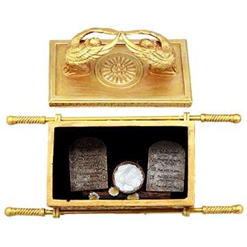Ebros Matte Gold Holy Ark of The Covenant with Ten Commandments Rod of Aaron and Manna Religious Dec...