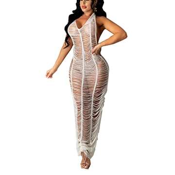 Bluewolfsea Women Sexy Halter Backless V Neck Hollow Out Bodycon Maxi Dress Sheer Mesh Knitted Cover Up Dress X-Large White