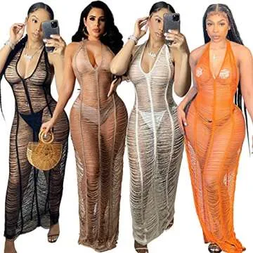 Bluewolfsea Women Sexy Halter Backless V Neck Hollow Out Bodycon Maxi Dress Sheer Mesh Knitted Cover Up Dress X-Large White