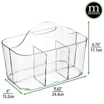mDesign Plastic Makeup Storage Organizer Caddy Tote, Divided Basket Bin, Handle for Bathroom, Holds Eyeshadow Palettes, Nail Polish, Brushes, Shower Essentials, Small, Lumiere Collection - Clear