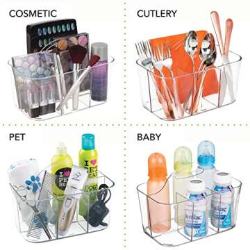 mDesign Plastic Makeup Storage Organizer Caddy Tote, Divided Basket Bin, Handle for Bathroom, Holds Eyeshadow Palettes, Nail Polish, Brushes, Shower Essentials, Small, Lumiere Collection - Clear