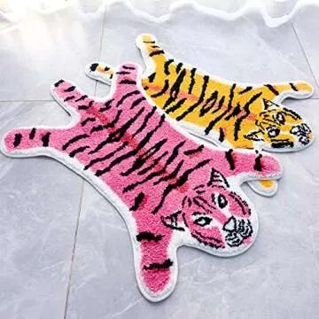 Tiger Shaped Rug Bath Mat Pink Tiger Bathroom Rug Non-Slip Door Mat Animals Printed Area Rug Carpet Small Home Decor Mat Playmat Bathroom Shower Rugs, 33.5x21.6inch