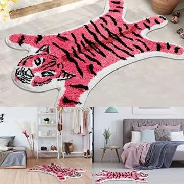 Tiger Shaped Rug Bath Mat Pink Tiger Bathroom Rug Non-Slip Door Mat Animals Printed Area Rug Carpet Small Home Decor Mat Playmat Bathroom Shower Rugs, 33.5x21.6inch