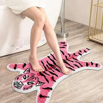 Tiger Shaped Rug Bath Mat Pink Tiger Bathroom Rug Non-Slip Door Mat Animals Printed Area Rug Carpet Small Home Decor Mat Playmat Bathroom Shower Rugs, 33.5x21.6inch