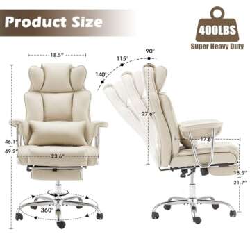 ZZWHOM Big and Tall Office Chair with Foot Rest Comfortable Executive Reclining Office Chair Large Leather Chair with Adjustable High Back Heavy Duty for Heavy People up to 400lbs Beige White