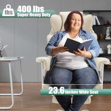 ZZWHOM Big and Tall Office Chair with Foot Rest Comfortable Executive Reclining Office Chair Large Leather Chair with Adjustable High Back Heavy Duty for Heavy People up to 400lbs Beige White