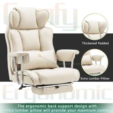 ZZWHOM Big and Tall Office Chair with Foot Rest Comfortable Executive Reclining Office Chair Large Leather Chair with Adjustable High Back Heavy Duty for Heavy People up to 400lbs Beige White