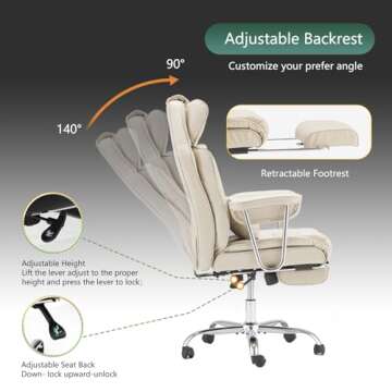ZZWHOM Big and Tall Office Chair with Foot Rest Comfortable Executive Reclining Office Chair Large Leather Chair with Adjustable High Back Heavy Duty for Heavy People up to 400lbs Beige White