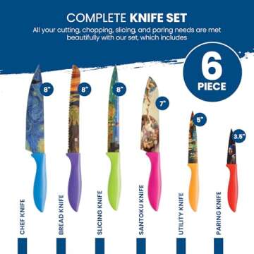 CHEF'S VISION Masterpiece Knife Set -6-Piece Stainless Steel Cutting Knives Set for Kitchen - Stunning Artistic Designs, Great Gift for Women or Men - Unique Kitchen Knife Set Gift for Art Lovers