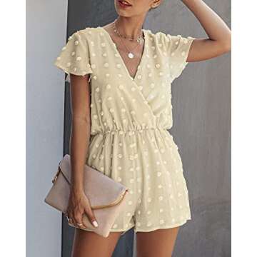 BTFBM Women 2024 Summer Fashion V Neck Wrap Rompers Swiss Dot Pocketed Elastic Waist Short Sleeve Beach Shorts Jumpsuit