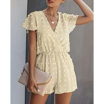 BTFBM Women 2024 Summer Fashion V Neck Wrap Rompers Swiss Dot Pocketed Elastic Waist Short Sleeve Beach Shorts Jumpsuit