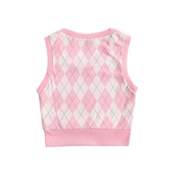 Verdusa Women's Argyle Print Sleeveless Scoop Neck Tank Sweater Vest Top Pink L