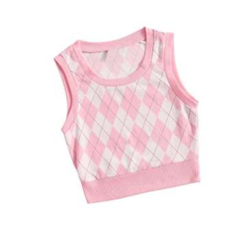 Verdusa Women's Argyle Print Sleeveless Scoop Neck Tank Sweater Vest Top Pink L