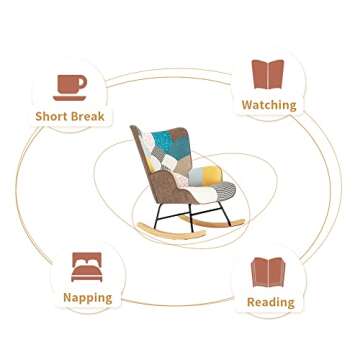 LifeSky Comfy Modern Rocking Chair - Linen Fabric Patchwork Glider Chairs - Rocker Chair for Bedroom Living Room Colorful