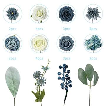 mankayoo Artificial Flowers Combo Box Set, Dusty Blue Fake Flowers with Stems for DIY Wedding Bouque...
