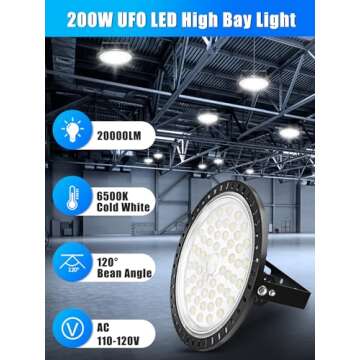 LED High Bay Light 200W, 20000LM UFO LED High Bay Light, 6000K LED Shop Lights High Bay Lights, IP54...