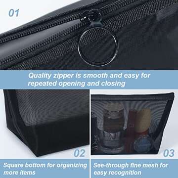 HRX Package Black Mesh Makeup Bag, 4pcs Travel Cosmetic Pouches with Zipper Toiletry Organizer Case for Purse Diaper Bag Tote Bag