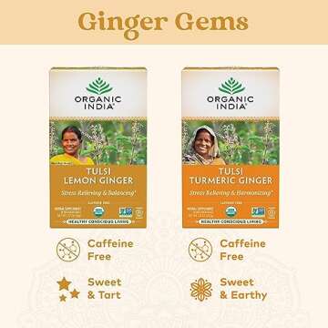 Organic India Tulsi Lemon Ginger Tea Bags - Herbal Tea, Stress Relieving & Reviving, Immune Support, Aids Digestion, Vegan, USDA Certified Organic, Non-GMO, Caffeine-Free - 18 Infusion Bags, 6 Pack