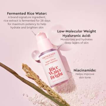 The Face Shop Rice Water Bright Vegan Serum - Targets Uneven Skin Tone & Dryness, Brightening, Nourishing, Hydrating Face Serum - Rice Water, Hyaluronic Acid, Niacinamide Serum - Korean Skin Care