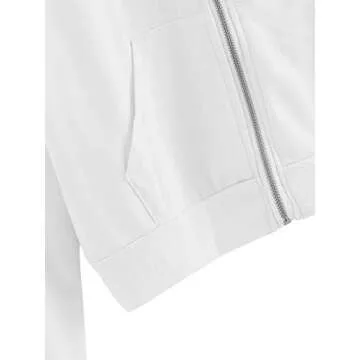 SweatyRocks Women's Long Sleeve Full Zip Drawstring Hooded Sweatshirt Jacket with Pockets White M