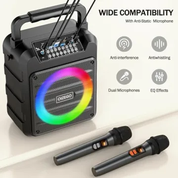 Karaoke Machine - Portable Bluetooth Speaker with 2 Wireless Microphones for Adults & Kids with Lights, PA System Speaker Supports TF Card/USB, AUX in, REC, Bass & Treble for Party/Meeting
