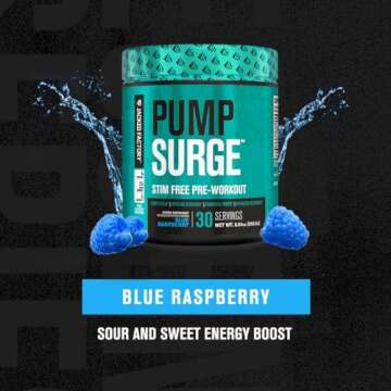 Jacked Factory Pumpsurge Caffeine Free Pre Workout for Men & Women - Nootropic Booster & Stim Free Pre Workout - Intense Pumps, Enhanced Focus - 30 Servings, Blue Raspberry
