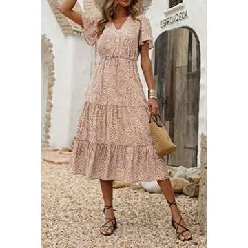 PRETTYGARDEN Women's Floral Boho Dress Casual Short Sleeve V Neck Ruffle Tiered Summer Swing Maxi Dresses(Apricot,X-Large)