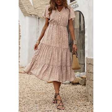 PRETTYGARDEN Women's Floral Boho Dress Casual Short Sleeve V Neck Ruffle Tiered Summer Swing Maxi Dresses(Apricot,X-Large)
