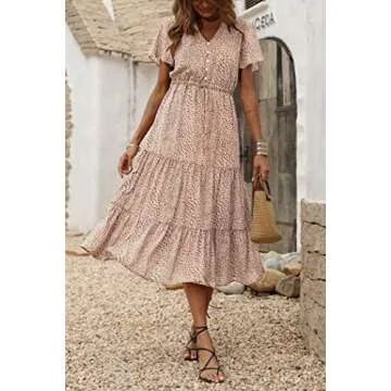 PRETTYGARDEN Women's Floral Boho Dress Casual Short Sleeve V Neck Ruffle Tiered Summer Swing Maxi Dresses(Apricot,X-Large)
