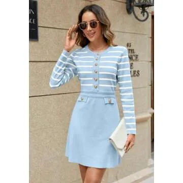 MEROKEETY Women's Long Sleeve Striped Sweater Dress