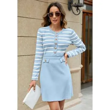 MEROKEETY Women's Long Sleeve Striped Sweater Dress