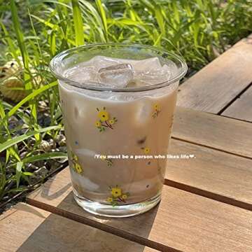 yaocoral Set of 2 12 OZ French Drinking Glasses Floral Glass Coffee Cup Flower Tea Cup Cute Glass Cups for Iced Tea,Juice,Coffee,Milk,Dessert,Stackable Glassware Drinkware Set(white yellow)