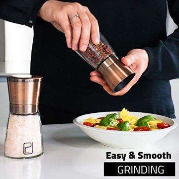 Premium Salt and Pepper Grinder Set - Best Copper Stainless Steel Mill for Home Chef, Magnetic Lids, Smooth Ceramic Spice Grinders with Easy Adjustable Coarseness, Top Salt and Pepper Shakers - 6 Oz
