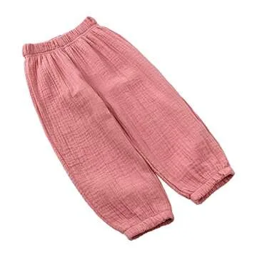Kids Tales 3 Pack Boys Girls Cotton Linen Pants Child Basic Plain Solid Trousers Big Kids Elastic Waist Long Pants Bloomers