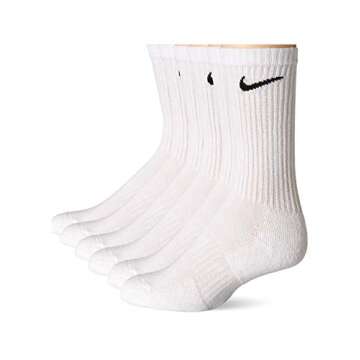 NIKE Dri-Fit Training Cotton Cushioned Crew Socks 6 PAIR White with Black Signature Swoosh Logo) LARGE 8-12