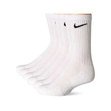 NIKE Dri-Fit Training Cotton Cushioned Crew Socks 6 PAIR White with Black Signature Swoosh Logo) LARGE 8-12