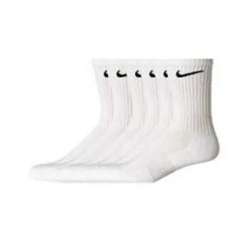 NIKE Dri-Fit Training Cotton Cushioned Crew Socks 6 PAIR White with Black Signature Swoosh Logo) LARGE 8-12
