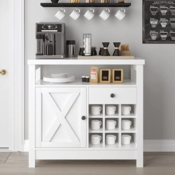 4ever2buy Farmhouse Coffee Bar Cabinet with 9 Wine Racks, Kitchen Buffet Cabinet with Barn Door, Whi...