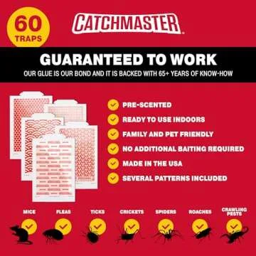 Catchmaster Pro Strength Mouse & Insect Glue Boards 60pk Traps Indoor for Home, Adhesive Bug Catcher, Rat & Rodent Sticky Trap, Non Toxic Bulk Pre-Baited Glue Traps, Pet Safe House Pest Control