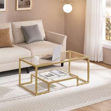 Yaheetech Gold Coffee Table, 42" Rectangular Glass Coffee Table for Living Room, 2-Tier Center Tea T...
