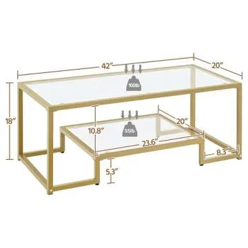 Yaheetech Gold Coffee Table, 42" Rectangular Glass Coffee Table for Living Room, 2-Tier Center Tea Table with Metal Frame for Small Space, Apartment, Office