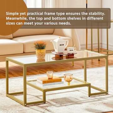 Yaheetech Gold Coffee Table, 42" Rectangular Glass Coffee Table for Living Room, 2-Tier Center Tea Table with Metal Frame for Small Space, Apartment, Office