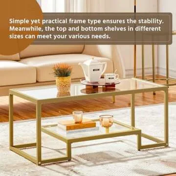 Yaheetech Gold Coffee Table, 42" Rectangular Glass Coffee Table for Living Room, 2-Tier Center Tea Table with Metal Frame for Small Space, Apartment, Office