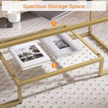 Yaheetech Gold Coffee Table, 42" Rectangular Glass Coffee Table for Living Room, 2-Tier Center Tea Table with Metal Frame for Small Space, Apartment, Office