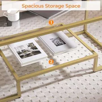 Yaheetech Gold Coffee Table, 42" Rectangular Glass Coffee Table for Living Room, 2-Tier Center Tea Table with Metal Frame for Small Space, Apartment, Office