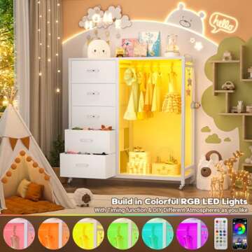 Cyclysio Dresser for Bedroom with Clothes Rack, 5 Drawers Dresser with Charging Station & LED Lights, White Storage Chest of Drawers with Wheels, Wooden Top, Lockable Wheels, Bedroom, Closet, White